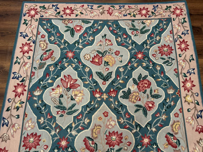 Teal Needlepoint Rug 6x9, Panel Design, Floral Bouquets, Handmade