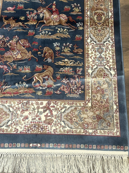 Turkish Silk Hunting Scene Rug 2.6 x 5 Feet Dark Steel Blue And Ivory Bamboo Silk Area Rug