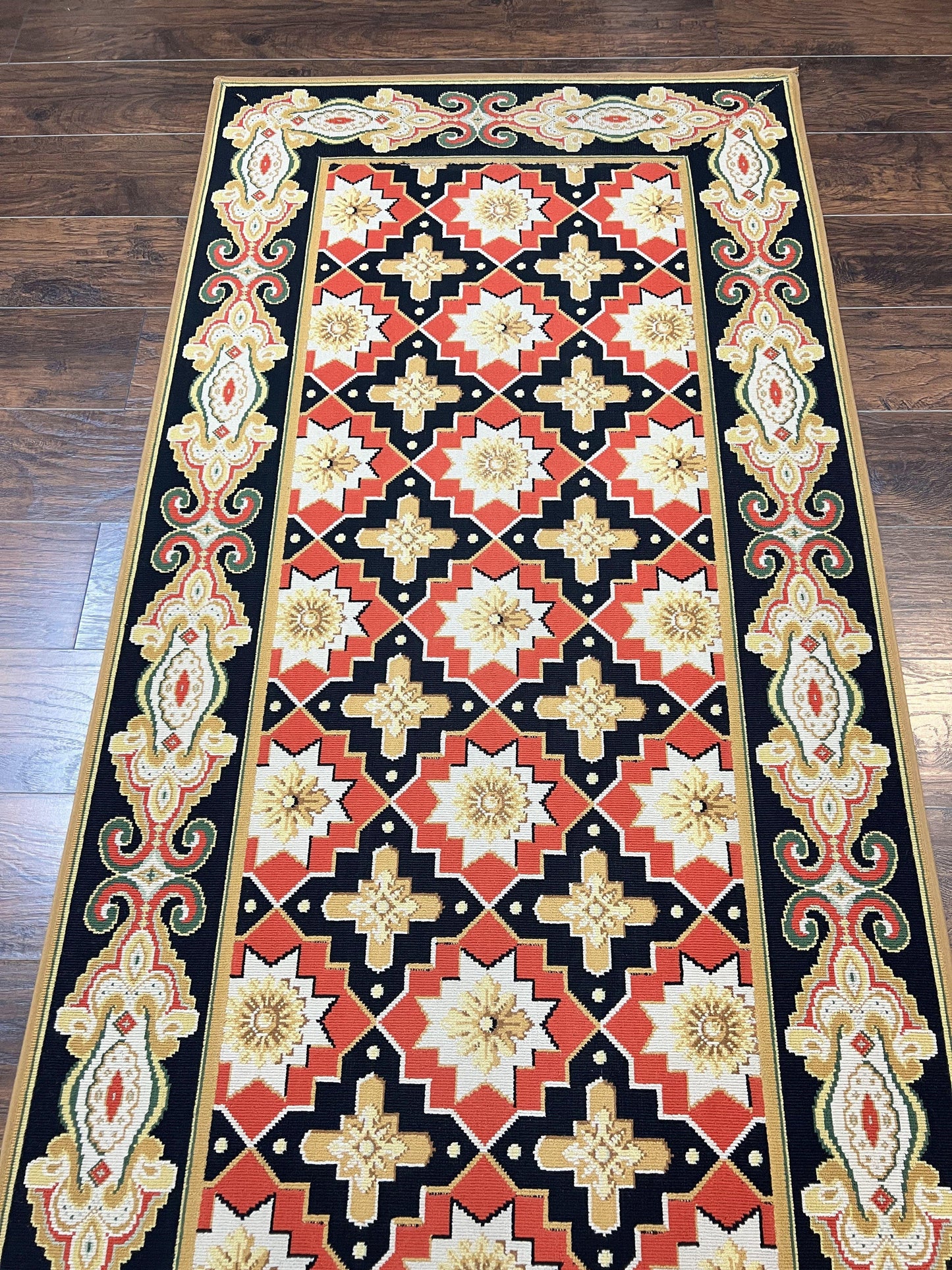 Vintage Runner Rug Long Hallway Wool Panel Design Red Black Ivory Tan European Style