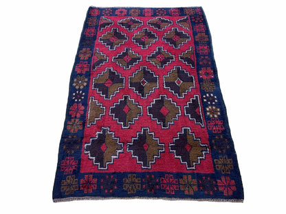 Balouchi Rug Vintage Handmade Afghan Wool Rug 3 By 4 Ft 7 In Red Brown Tribal Design