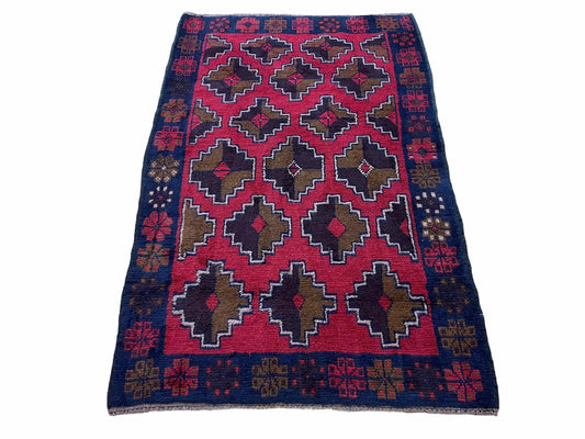 Balouchi Rug Vintage Handmade Afghan Wool Rug 3 By 4 Ft 7 In Red Brown Tribal Design