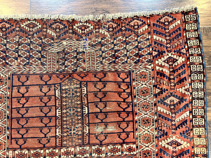 Turkoman Rug Antique Hatchli Wool Handmade 4x4 Four Season Yamud Design Red Bohemian Engsi Tekkeh