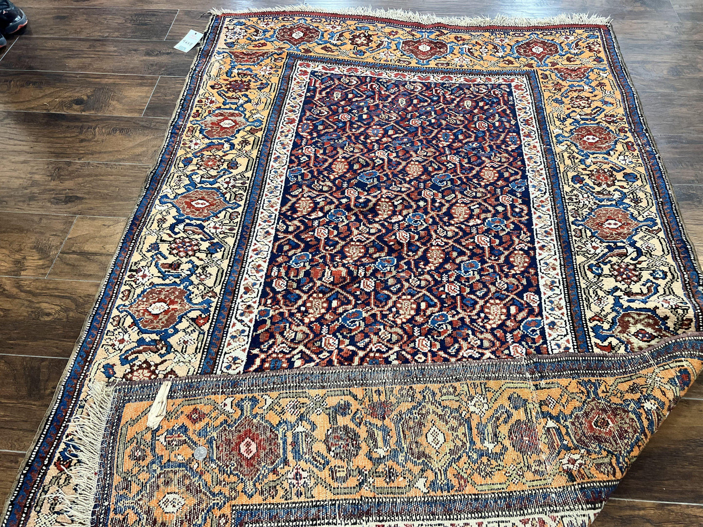 Persian Senneh Rug 4x8 Wool Hand Knotted Antique Kurdish Carpet Navy Blue Oriental Area Rug