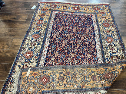 Persian Senneh Rug 4x8 Wool Hand Knotted Antique Kurdish Carpet Navy Blue Oriental Area Rug