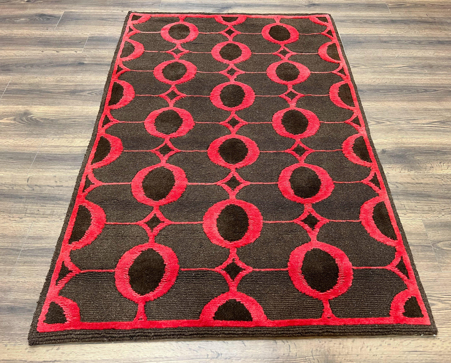 Modern Tibetan Rug 3.8 x 5.7, Raspberry Red and Dark Brown, Abstract Circle Design, Hand Knotted, Soft Wool Handmade Tibet Nepali Carpet 4x6