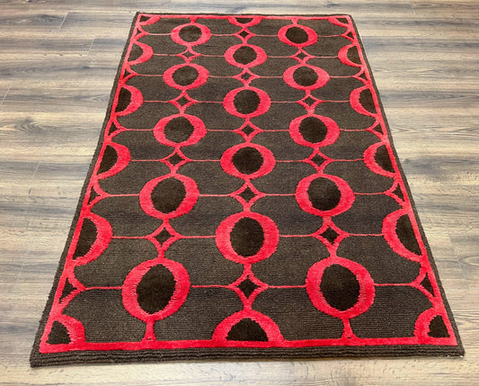 Modern Tibetan Rug 3.8 x 5.7, Raspberry Red and Dark Brown, Abstract Circle Design, Hand Knotted, Soft Wool Handmade Tibet Nepali Carpet 4x6
