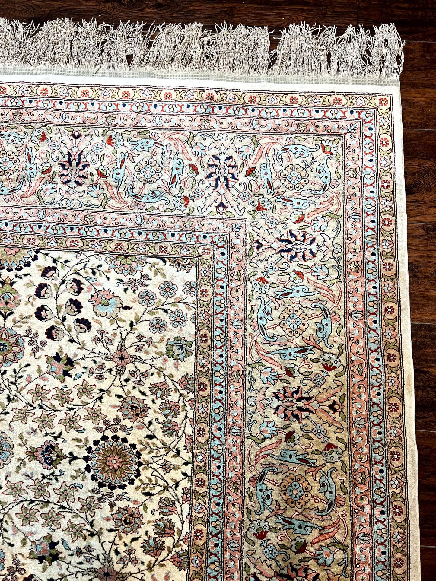 Hereke Silk Rug Vintage 8x12 Handmade Ivory Cream Floral Pattern Pile