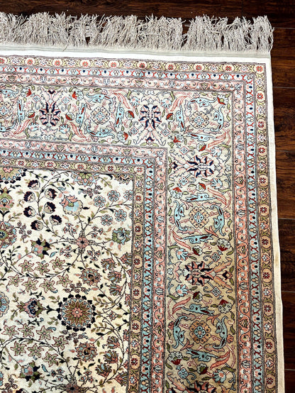 Hereke Silk Rug Vintage 8x12 Handmade Ivory Cream Floral Pattern Pile