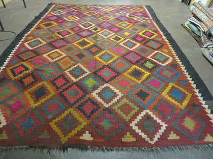 Antique Afghan Kilim Rug Handmade Flatweave Wool 7x10 Vintage Colorful Diamond Pattern