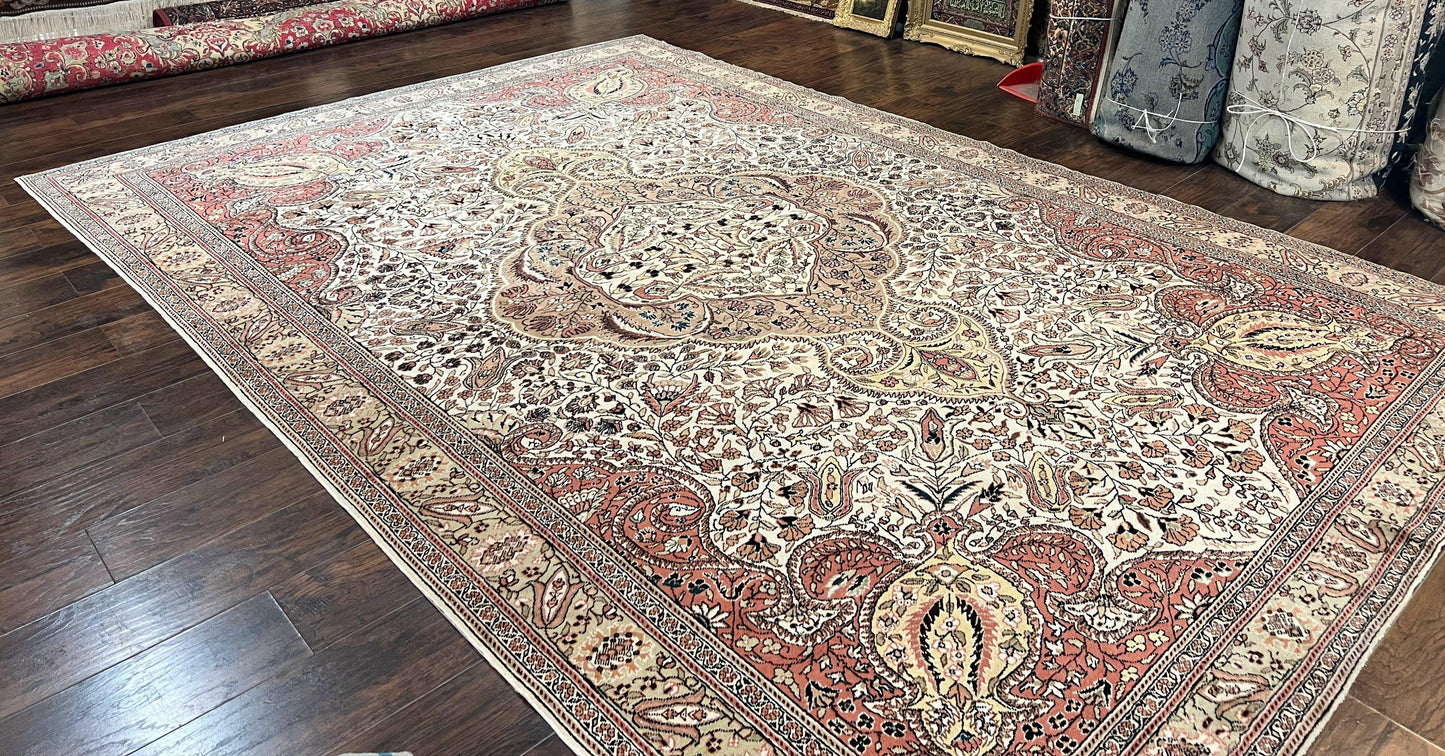 Turkish Sivas Rug 9x12, Handmade Vintage Wool Carpet, Cream Ivory