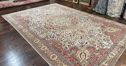 Turkish Sivas Rug 9x12, Handmade Vintage Wool Carpet, Cream Ivory