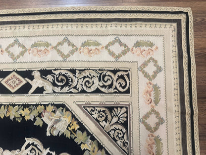 Vintage Aubusson Rug 6x8 Wool Hand Knotted European Design Lion Pictorial Black