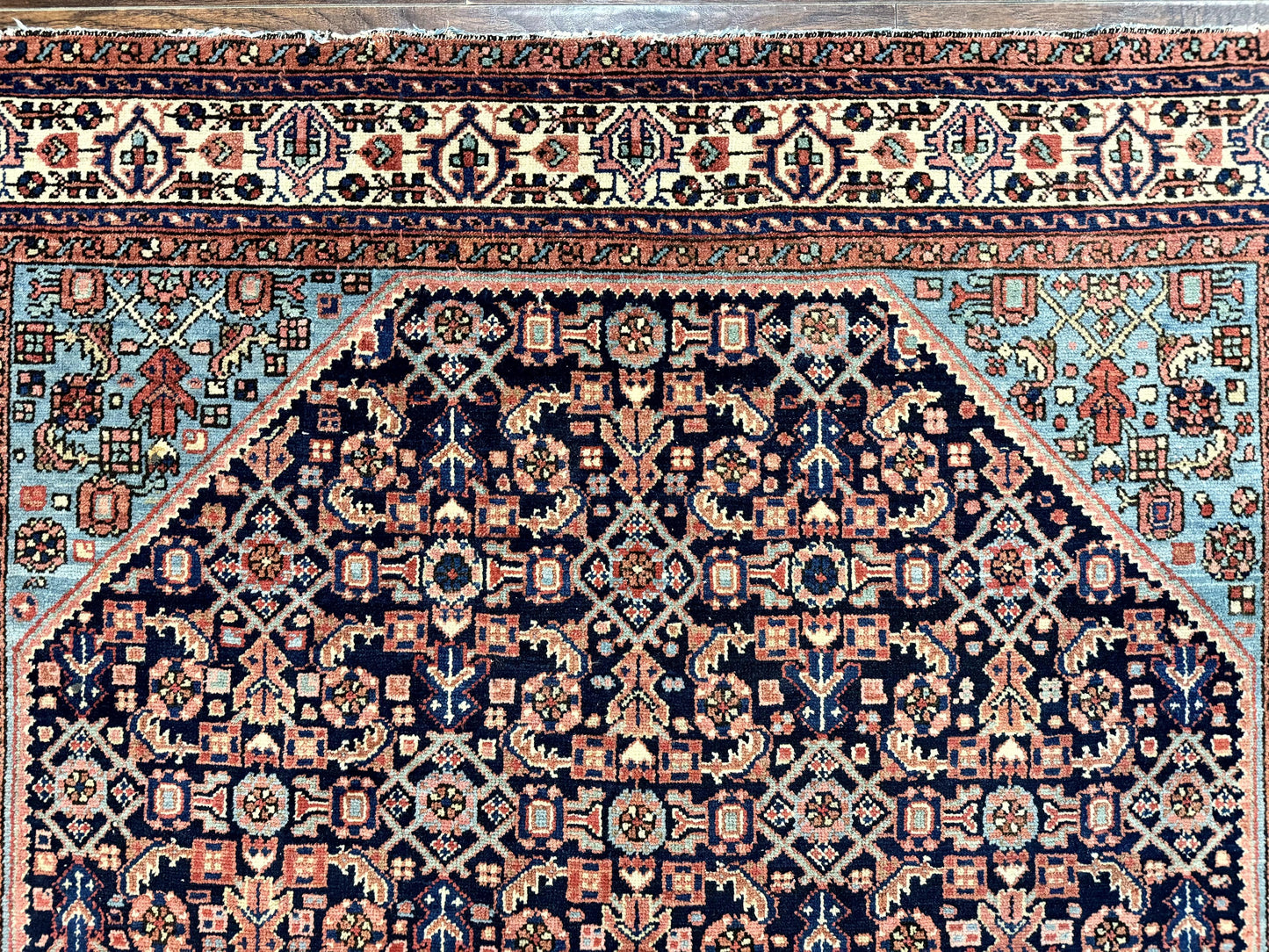 Antique Persian Rug Handmade Wool 5 by 6.7 Feet Navy Blue and Ivory Hamadan Angelas