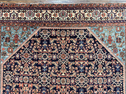 Antique Persian Rug Handmade Wool 5 by 6.7 Feet Navy Blue and Ivory Hamadan Angelas