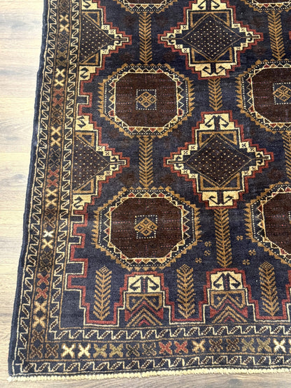 Afghan Balouch Rug Navy Blue 4x6 Handwoven Handmade Contemporary Wool Accent