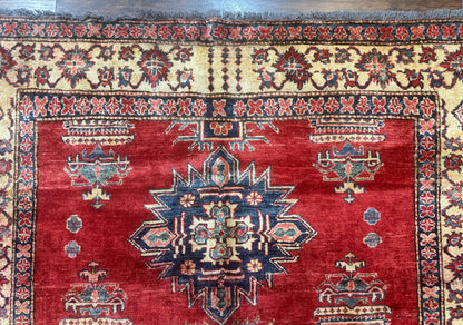 Square Turkish Rug 6x6, Azerbaijani Azeri Turkish Armenian Rug, Red Tan Blue, Geometric, Wool Carpet