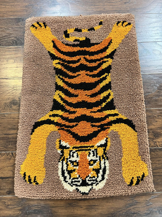 Small Hooked Rug 2x3, Tibetan Tiger Design, Wool, Unique Hooked Rug, Vintage