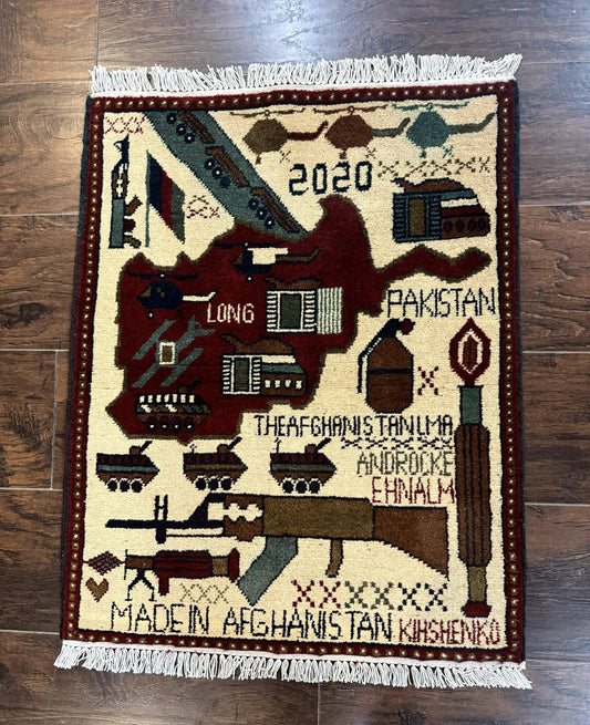 Afghan War Rug Hand Knotted Wool 2 X 2.6 Military Scene With Guns Tanks Helicopters