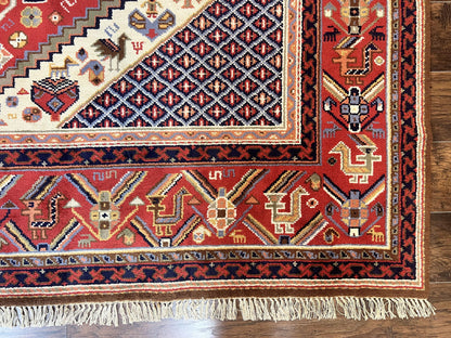 Belgium Power Loomed Wool Rug 8x12 Geometric Medallions Persian Tribal Pattern Ivory Red Blue