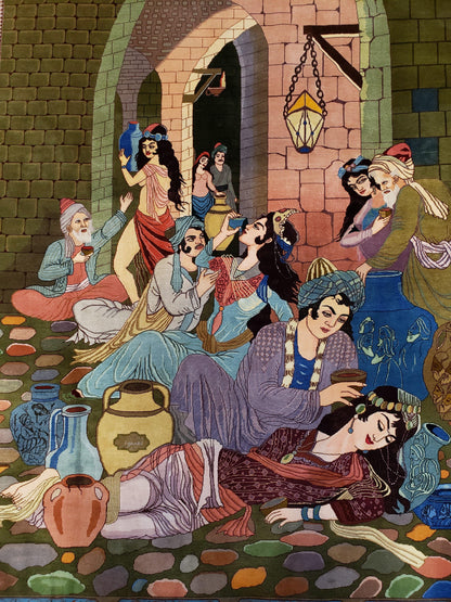 Semi Antique Persian Isfahan Pictoral Rug 4.10x6.1, Wool Handmade High Quality Decorative Carpet