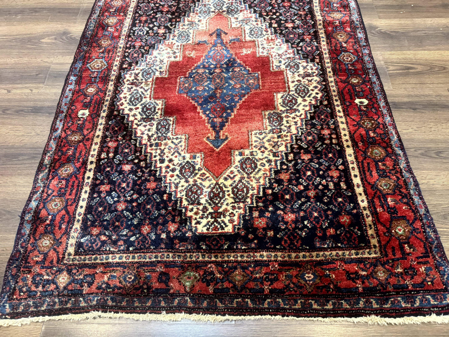 Senneh Rug Antique Persian Kurdish 4x5 Wool Geometric Medallion Carpet