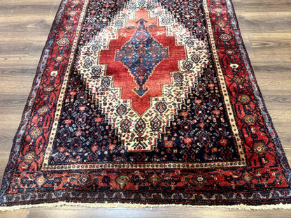 Senneh Rug Antique Persian Kurdish 4x5 Wool Geometric Medallion Carpet