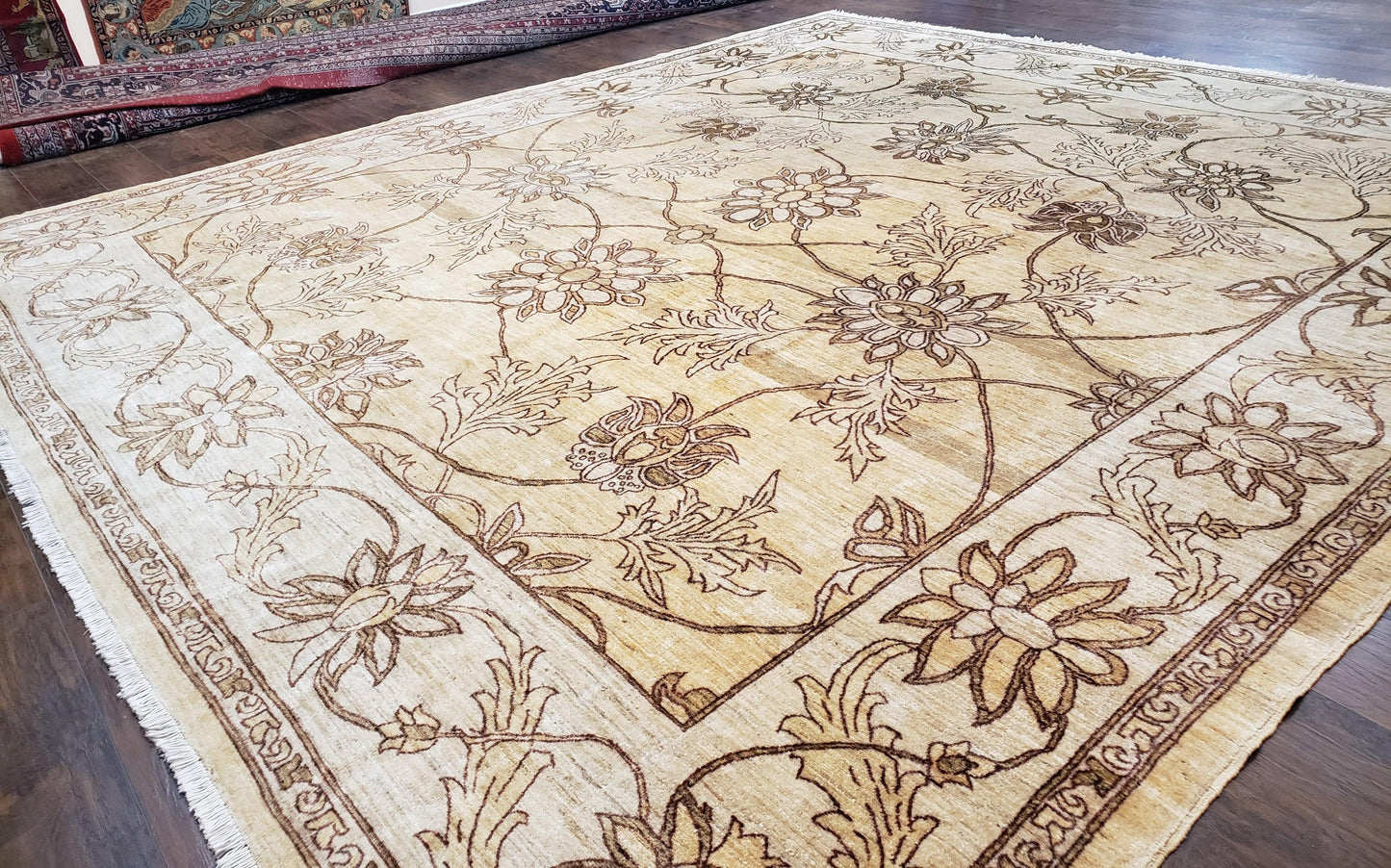 Oversized Peshawar Chobi Oushak Area Rug 11.6 x 12.5, Wool Hand-Knotted Light Gold & Ivory Decorative Pakistani Floral Carpet, 11x12 - 12x13