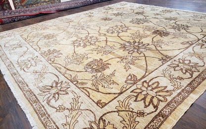 Oversized Peshawar Chobi Oushak Area Rug 11.6 x 12.5, Wool Hand-Knotted Light Gold & Ivory Decorative Pakistani Floral Carpet, 11x12 - 12x13