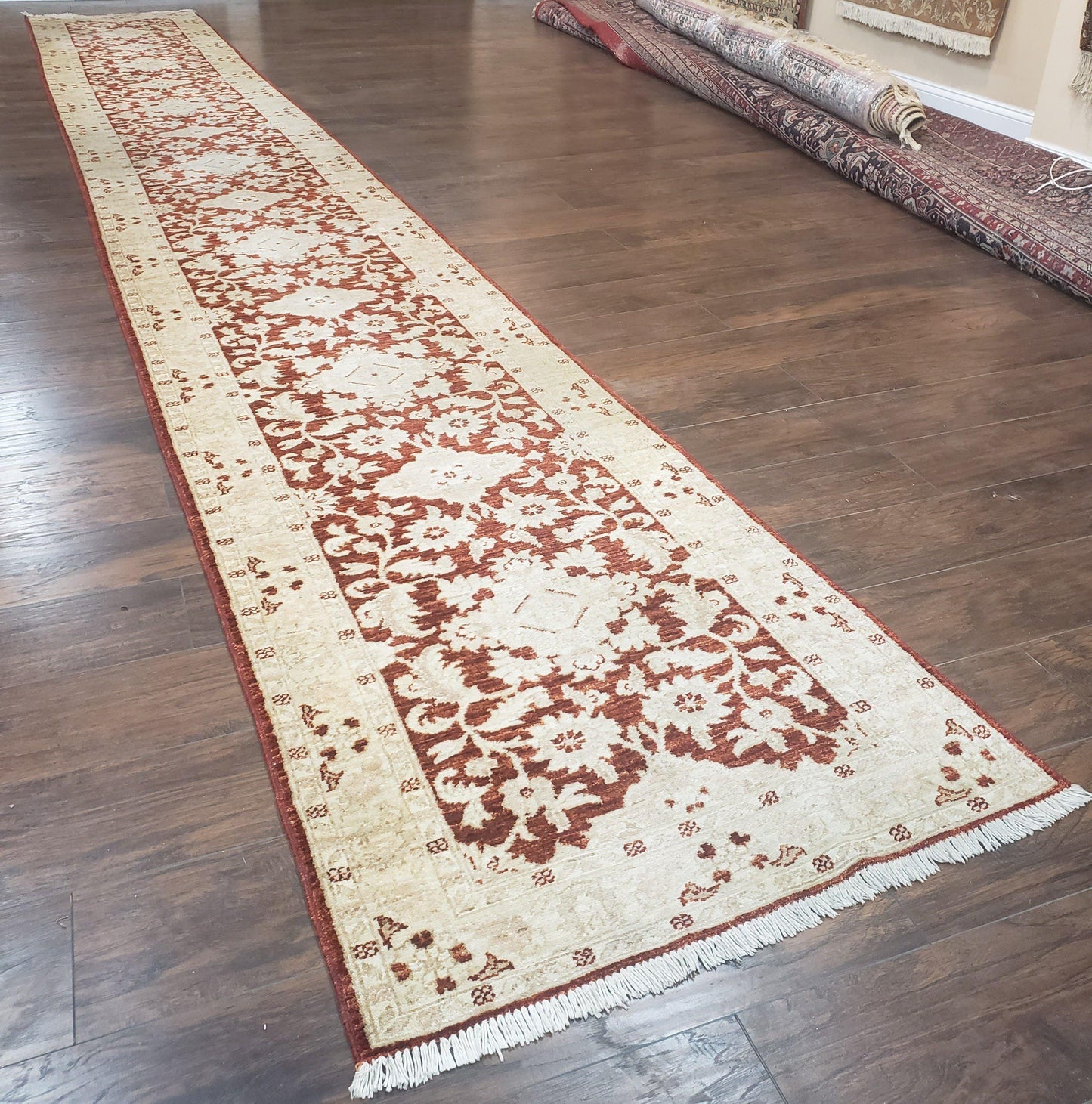 21 ft Runner Rug Long Hallway Runner, 3 x 21 Corridor Rug, Peshawar Pak Persian Chobi Agra Rug, Maroon and Beige Large Flowers Wool Handmade
