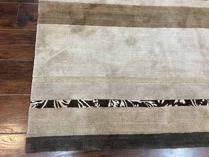 Tibetan Nepali Rug Handmade Wool With Silk Highlights And Stripe Pattern 8x12