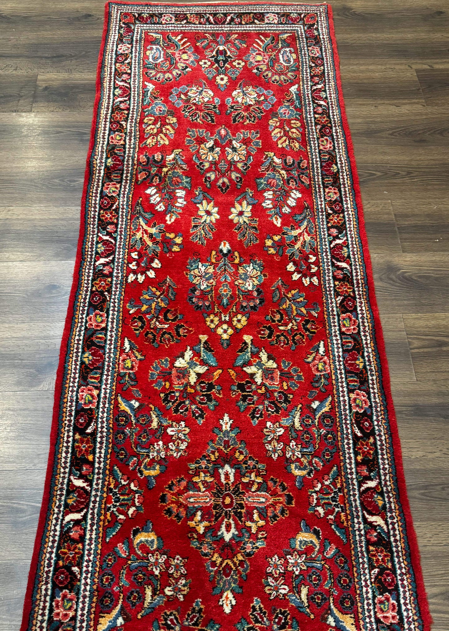 Persian Sarouk Runner Rug 3x12, Red Floral 3 x 12ft Runner, Vintage, Wool