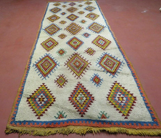 Moroccan Wide Runner Rug 3' 6" x 9', Vintage Azilal Berber Carpet Tribal Runner, Colorful Diamonds Ivory Orange Yellow, Soft Wool Handmade
