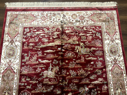 Turkish Silk Hunting Scene Rug 5 x 7.6 ft Red And Ivory Bamboo Silk