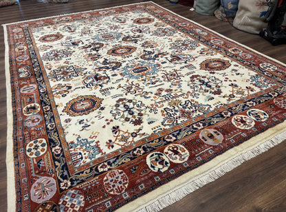 Indo Chinese Wool Rug 9x12 Ivory And Rust Red Dragon Motifs Hand Knotted