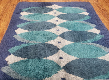 Blue Rya Rug Mid Century Danish Shag Wool Abstract Modern Rug 4 Foot 6 Inch By 6 Foot 7 Inch
