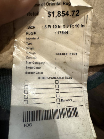 Teal Needlepoint Rug 6x9, Panel Design, Floral Bouquets, Handmade