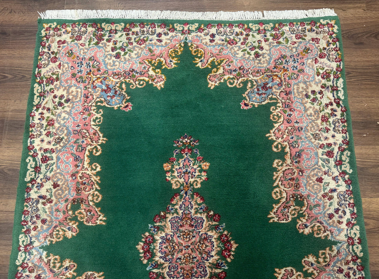 Green Persian Kerman Rug 4x6 Vintage Semi Open Field With Cream Borders