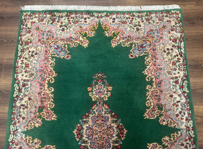 Green Persian Kerman Rug 4x6 Vintage Semi Open Field With Cream Borders