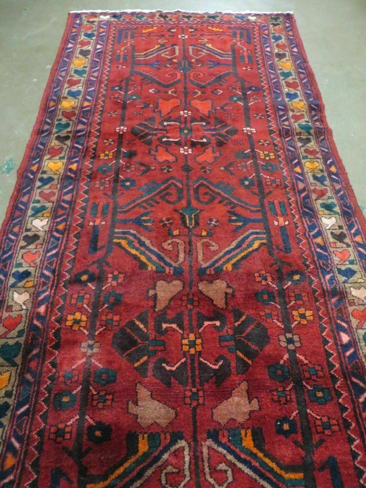 Antique Persian Hamadan Runner 3.4 x 9.7 -  Wool, Red and Navy Blue