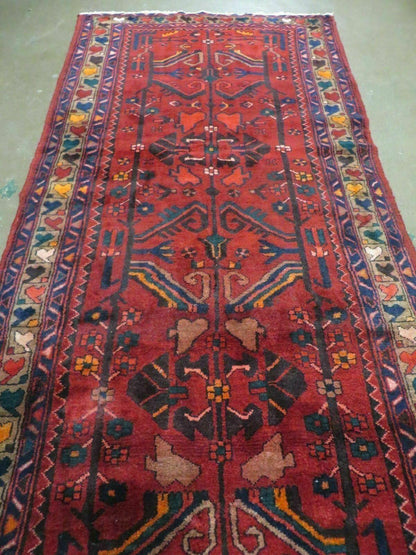 Antique Persian Hamadan Runner 3.4 x 9.7 -  Wool, Red and Navy Blue