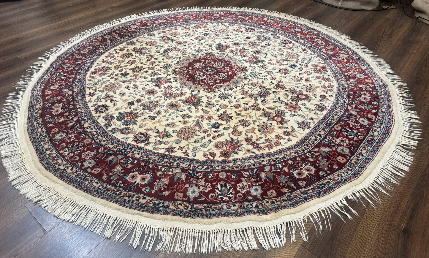 Sino Persian Round Rug 8x8 Wool And Silk Floral Medallion Ivory Red