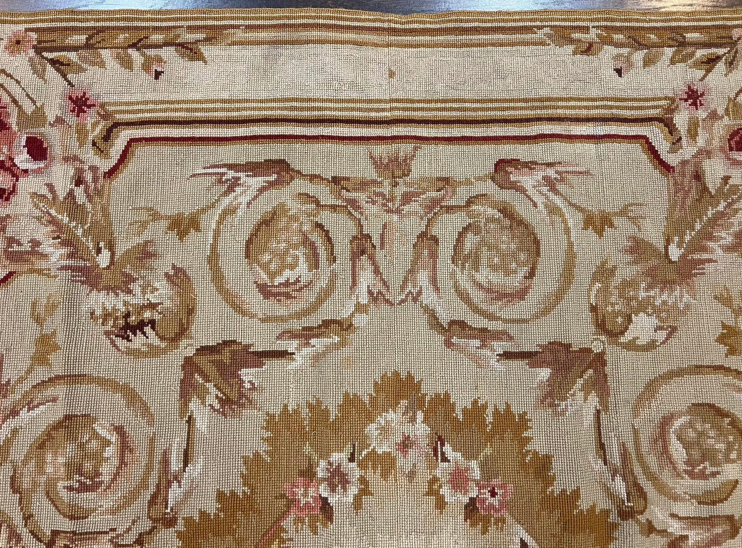 Aubusson Needlepoint Rug 4x5 Ft Beige Tan Vintage Wool Floral Rose European Design
