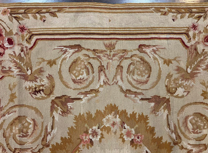Aubusson Needlepoint Rug 4x5 Ft Beige Tan Vintage Wool Floral Rose European Design