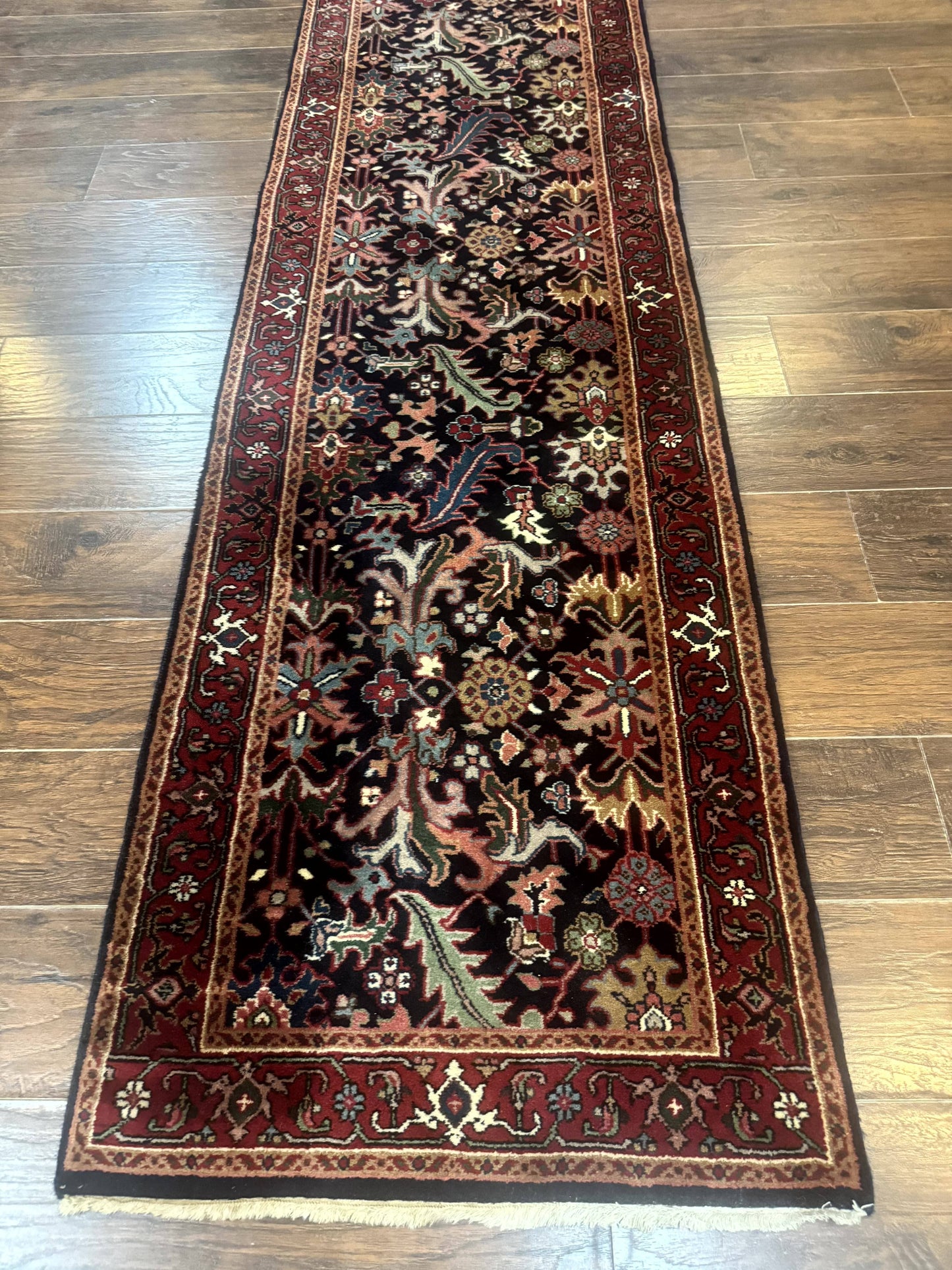 Indo Persian Runner Rug 2.7 x 13, Navy Blue and Red, Allover Floral, Wool, 13ft Runner