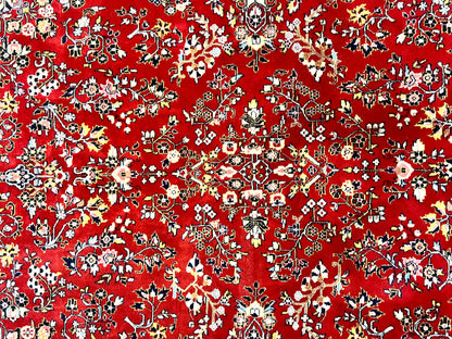 Indo Persian Sarouk Rug 8x10, Red, Floral Allover, Handmade Vintage Wool Carpet, Traditional Rug