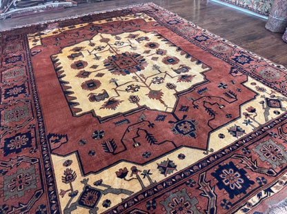 Afghan Heriz Rug 9x12 Vintage Hand Knotted Wool Carpet Tribal Geometric Serapi Rust Cream Navy