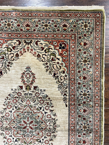 Silk Turkish Kayseri Rug 2x3 Hand Knotted Vintage Silk Pile On Silk Foundation 300 KPSI