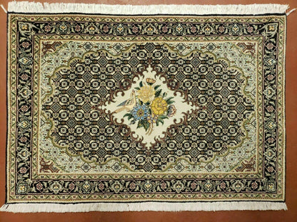 Small Persian Rug 2.4 x 3, Birds and Flowers, Finely Hand Knotted