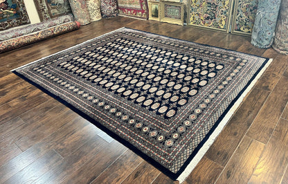 Pakistani Bokhara Rug 8x10 Hand Knotted Wool Vintage Carpet in Dark Blue Beige