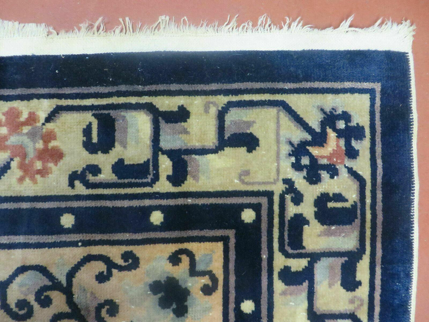 Antique Handmade Peking Chinese Wool Rug 1950s Vintage 47 By 71 Inches Blue And Salmon